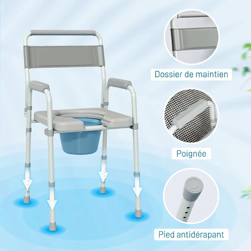 HOMCOM Chaise percée toilette pliable antidérapante hauteur réglable, siège et accoudoirs rembourrés, charge 150 kg, Gris