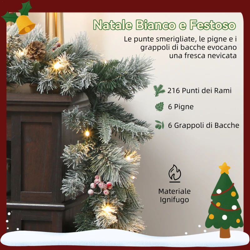 HOMCOM Ghirlanda Natalizia Ø25x180 cm con 50 Luci LED, Bacche e Pigne, in Plastica e Metallo, Verde e Bianco