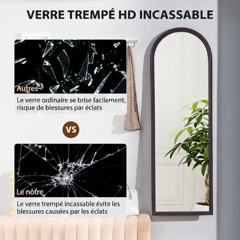 HOMCOM Miroir de sol arqué pleine longueur miroir sur pied cadre en effet imitation pierre pour salon chambre 53x163cm marron