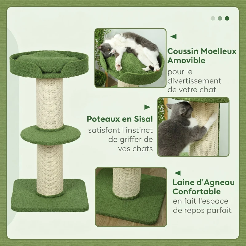 PawHut Arbre à Chat avec Griffoir, Centre d'Activités, Plateformes, Coussin, 45 x 45 x 91 cm, Vert et Beige
