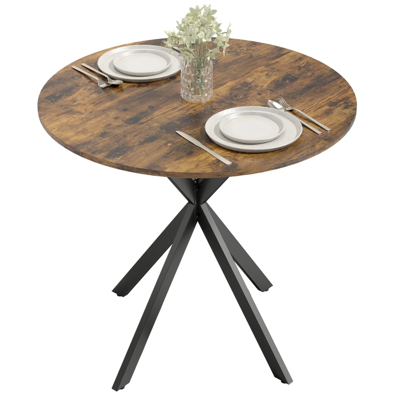 HOMCOM Table à Manger Ronde pour 2 Personnes avec Plateau Aspect Bois et Piètement Croisé en Acier, Brun Rustique