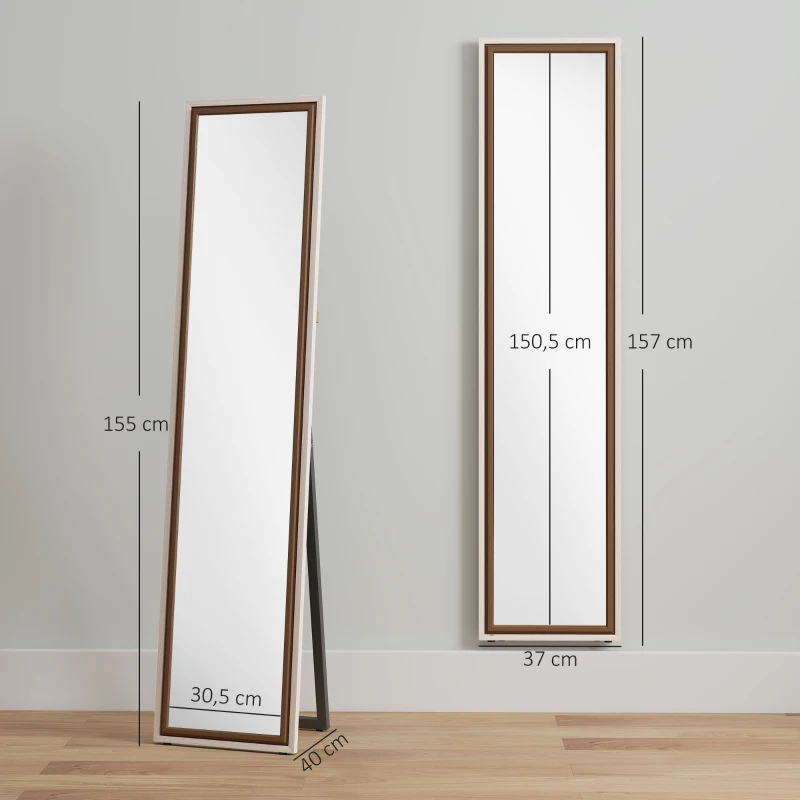 HOMCOM Espejo de Cuerpo Entero 157x37 cm con Marco Bicolor Espejo de Pie Inclinado o Colgante Blanco y Marrón