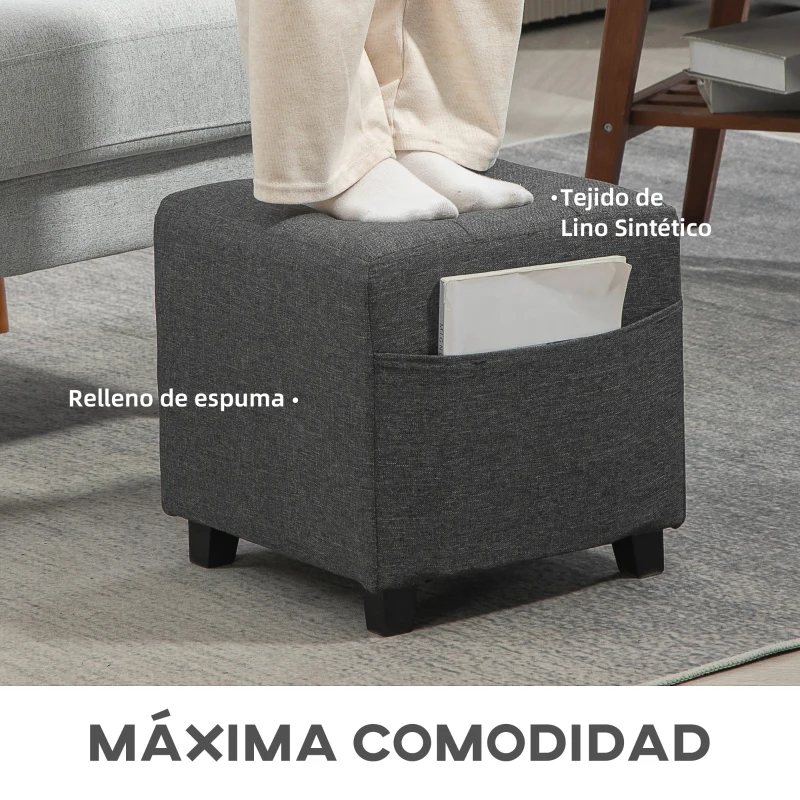 HOMCOM Reposapiés de Salón Taburete Bajo Tapizado en Lino con Bolsillo Lateral y Tapa con Botones Acolchados Gris