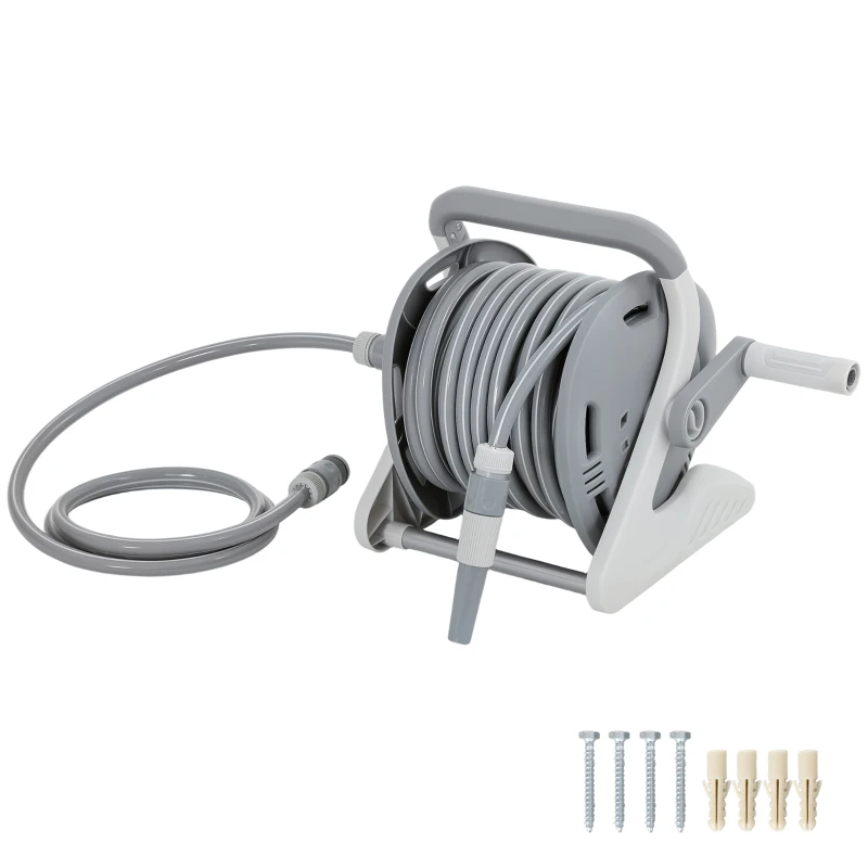 Outsunny Portable Garden Hose Reel, 20+2 m Wall Mounted Hose Reel with 2 Patterns Spray Nozzle and Crank Handle, Grey