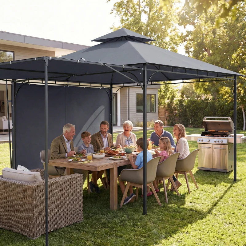 Outsunny Pavillon 3,2x3,2 m Stabil Winterfest Gartenpavillon mit ausziehbaren Dachüberstand, Doppeldach Dunkelgrau