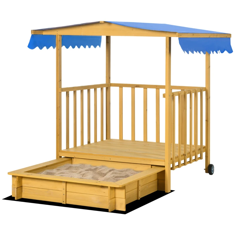 Outsunny Zandbak met Speelhuis en Dak, 133 x 129 x 137,5 cm, Natuur + Blauw