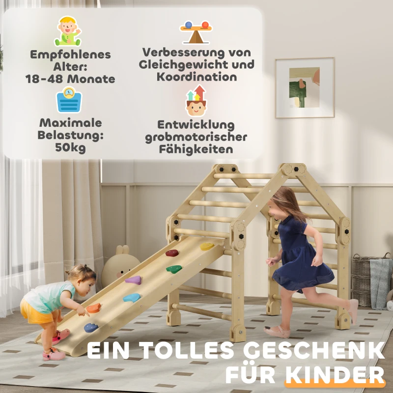 AIYAPLAY 3-in-1 Klimrek, opvouwbaar, Ladder & Glijbaan/Klimmuur, Hout, voor Kinderen van 1,5-4 Jaar(m-9)
