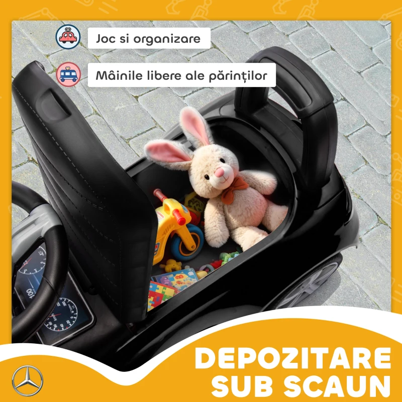 AIYAPLAY Mașinuță pentru Copii Licență Mercedes-Benz cu Claxon și Compartiment de Depozitare, 65x28x39 cm, Negru