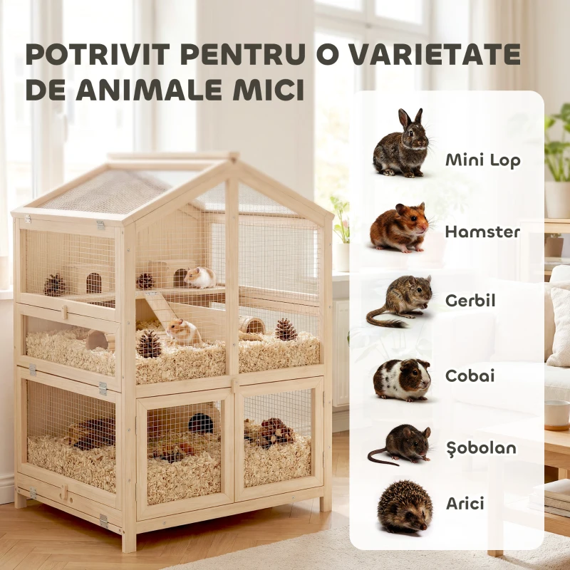 PawHut Cușcă pentru Hamsteri din Lemn cu 3 Niveluri cu Adăpătoare, Căsuțe, Leagăne, Tavă Detașabilă și Capace Rabatabile Natural