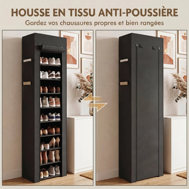 HOMCOM Étagère à Chaussures 20 Paires 10 Niveaux, Range-Chaussures en Métal avec Housse Anti-Poussière, Noir