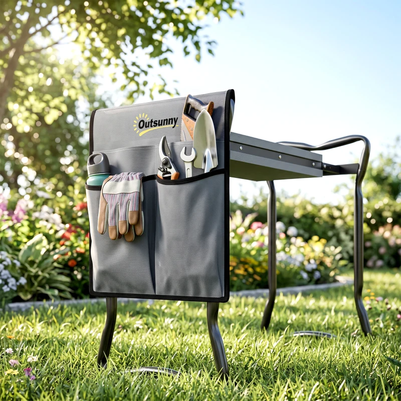 Outsunny Tabouret de Jardin Pliable 2 en 1, Coussin en Mousse EVA et 4 Poches à Outils Amovible, Charge 150kg, 58x28x49cm, Gris