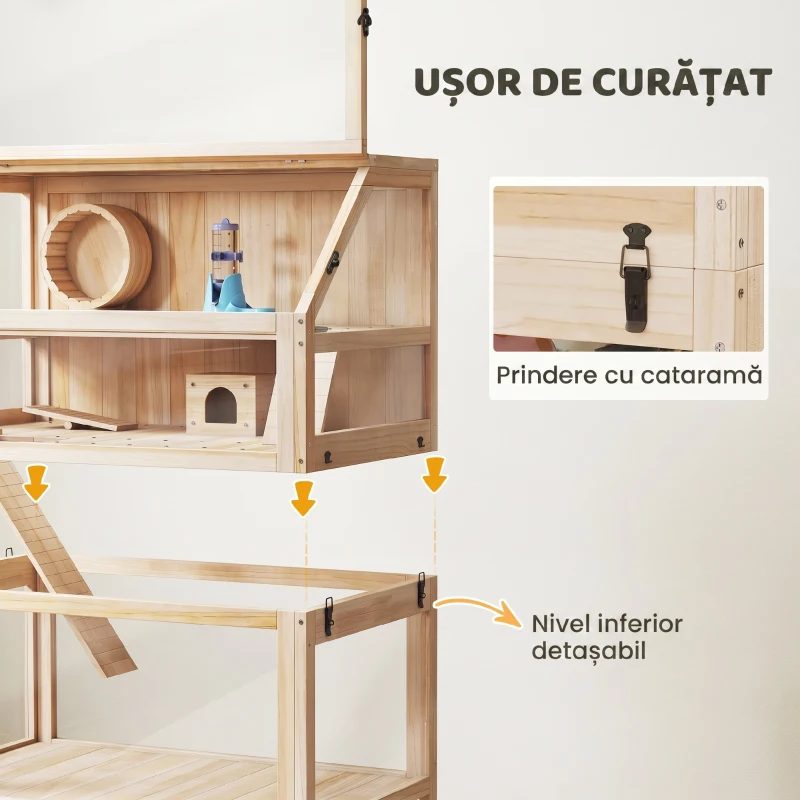 PawHut Cușcă pentru hamster din lemn 3 etaje Cușcă pentru rozătoare cu podea detașabilă Raft Roată Balansoar Rampă Căsuță 80x53x117cm Lemn natural
