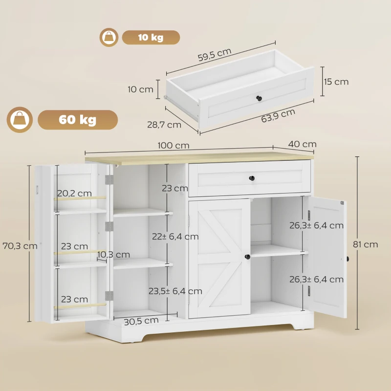 HOMCOM Sideboard, Landhausstil Küchenschrank mit Schiebetüren, 1 Schublade, 2 verstellbaren Einlegeböden, Türregalen