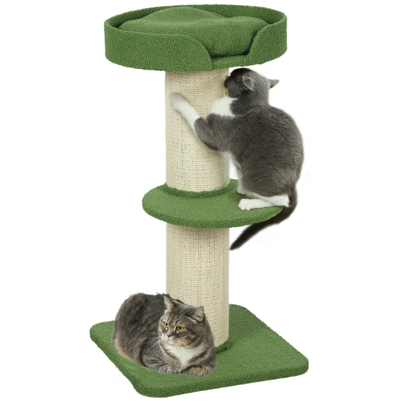 PawHut Arbre à Chat avec Griffoir, Centre d'Activités, Plateformes, Coussin, 45 x 45 x 91 cm, Vert et Beige