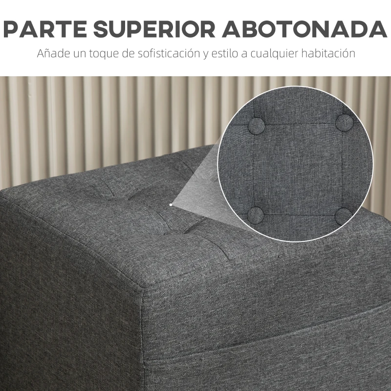 HOMCOM Reposapiés de Salón Taburete Bajo Tapizado en Lino con Bolsillo Lateral y Tapa con Botones Acolchados Gris