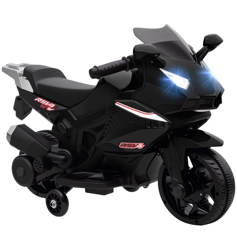 AIYAPLAY Moto électrique enfants, moto à batterie 6 V avec effets lumineux et sonores, roues d'entraînement, 75x36x49cm, noir