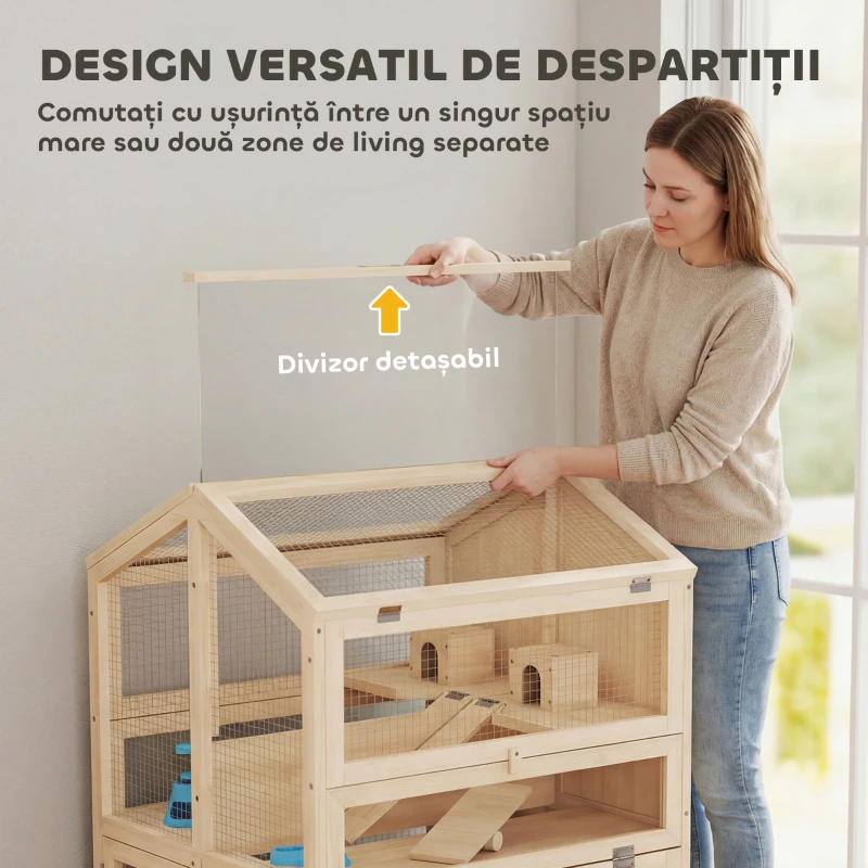 PawHut Cușcă pentru Hamsteri din Lemn cu 3 Niveluri cu Adăpătoare, Căsuțe, Leagăne, Tavă Detașabilă și Capace Rabatabile Natural