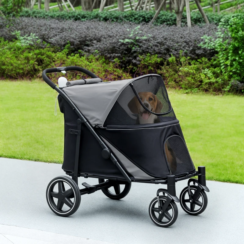 PawHut Cochecito Plegable para Perros Carrito de Mascotas con Ventanas de Malla Correas de Seguridad 112x67x100 cm Gris y Negro