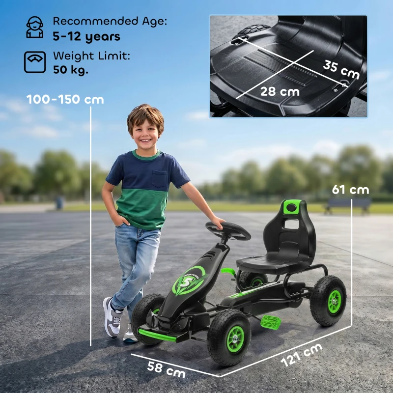 HOMCOM Kids Pedal Go Kart, with Adjustable Seat, Inflatable Tyres - Green