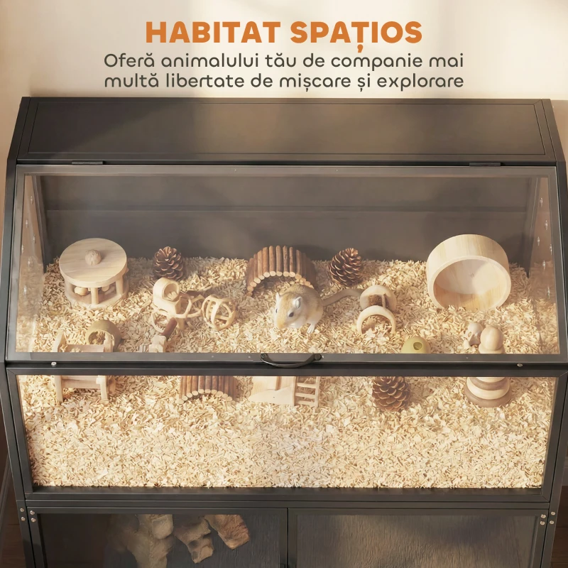 PawHut Cușcă Hamster 2-în-1 cu Dulap de Depozitare pentru Rozătoare Hamster Sirian și Șoareci Oțel și Acrilic Negru