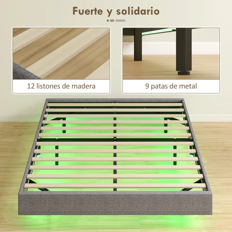 HOMCOM Somier 140x190 cm con Luces LED Estructura de Cama Tapizado en Lino Láminas de Madera Fácil de Montar Gris