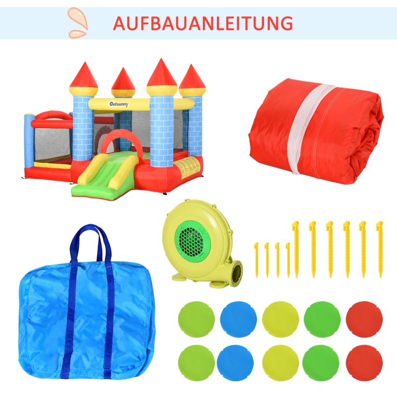 Outsunny opblaasbaar springkasteel met glijbaan voor 3 kinderen springkasteel met blazer speelkasteel, rood, blauw, groen 280 x 260 x 210 cm