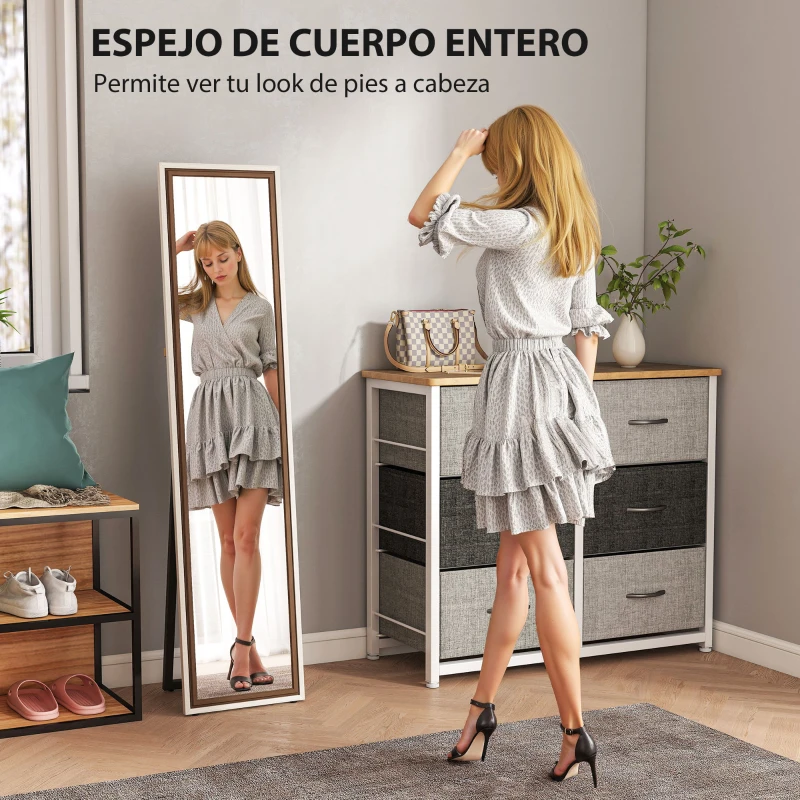 HOMCOM Espejo de Cuerpo Entero 157x37 cm con Marco Bicolor Espejo de Pie Inclinado o Colgante Blanco y Marrón