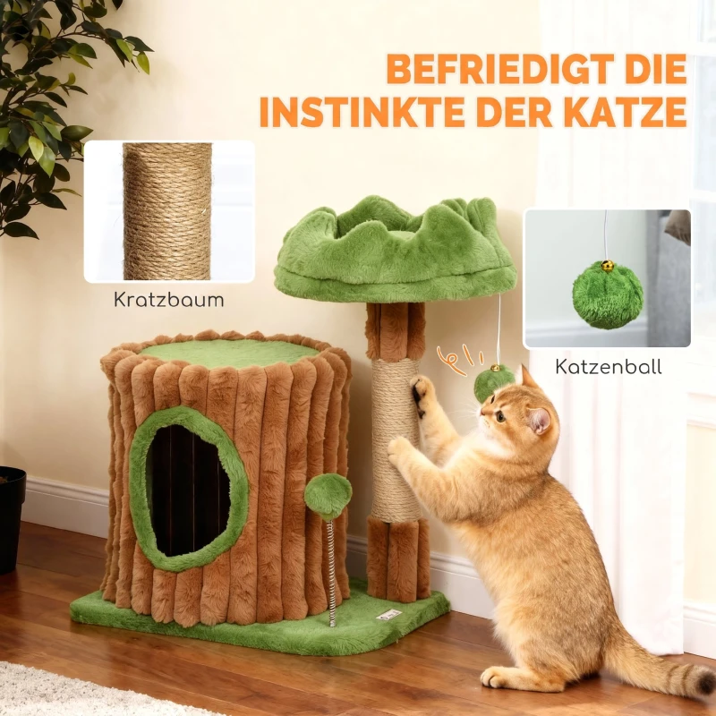 PawHut Kratzbaum 53 cm hoch Katzenbaum mit Höhle, Baumstamm-Design, Jutestämme, 2 Bälle  für 1-2 Katzen unter 5 kg, Braun+Grün