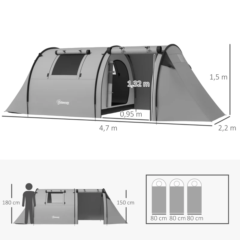 Outsunny Tienda de Campaña para 3 Personas con Ventanas Gancho Bolsa de Transporte Impermeable 3000 mm 470x220x150 cm Verde