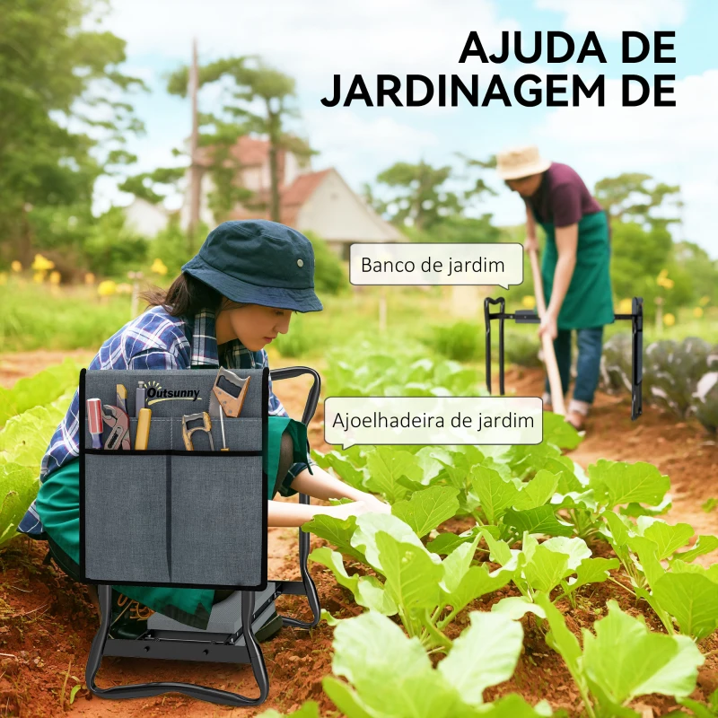 Outsunny Banco de Jardim Dobrável com Almofada de Espuma EVA Saco para Ferramentas 58x28x49 cm Cinzento