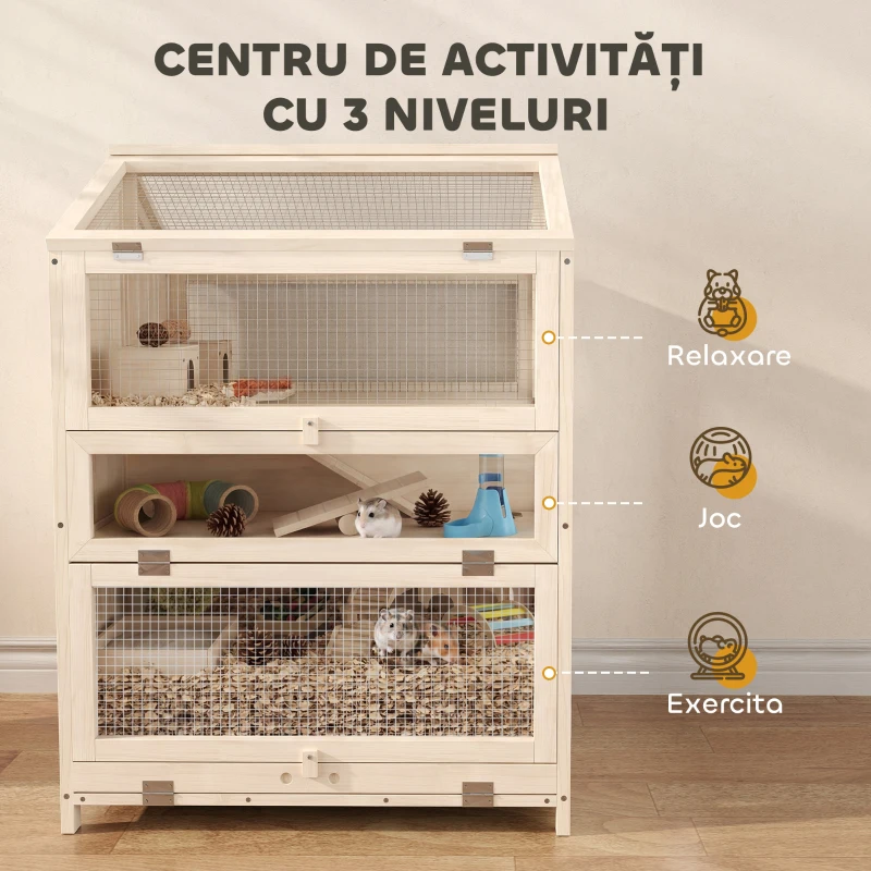 PawHut Cușcă pentru Hamsteri din Lemn cu 3 Niveluri cu Adăpătoare, Căsuțe, Leagăne, Tavă Detașabilă și Capace Rabatabile Natural