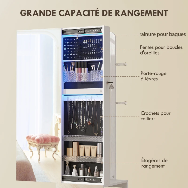 HOMCOM Armoire à bijoux armoire avec miroir sur pied pivotante à 360° éclairage LED 37x40x165,5cm cadre blanc, doublure noire