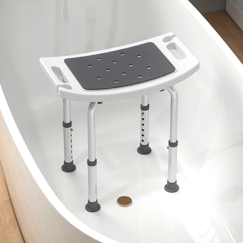 HOMCOM Scaun de Duș din Aluminiu și Plastic Antialunecare, Înălțime Reglabilă 6 Niveluri 39-52cm, Gri