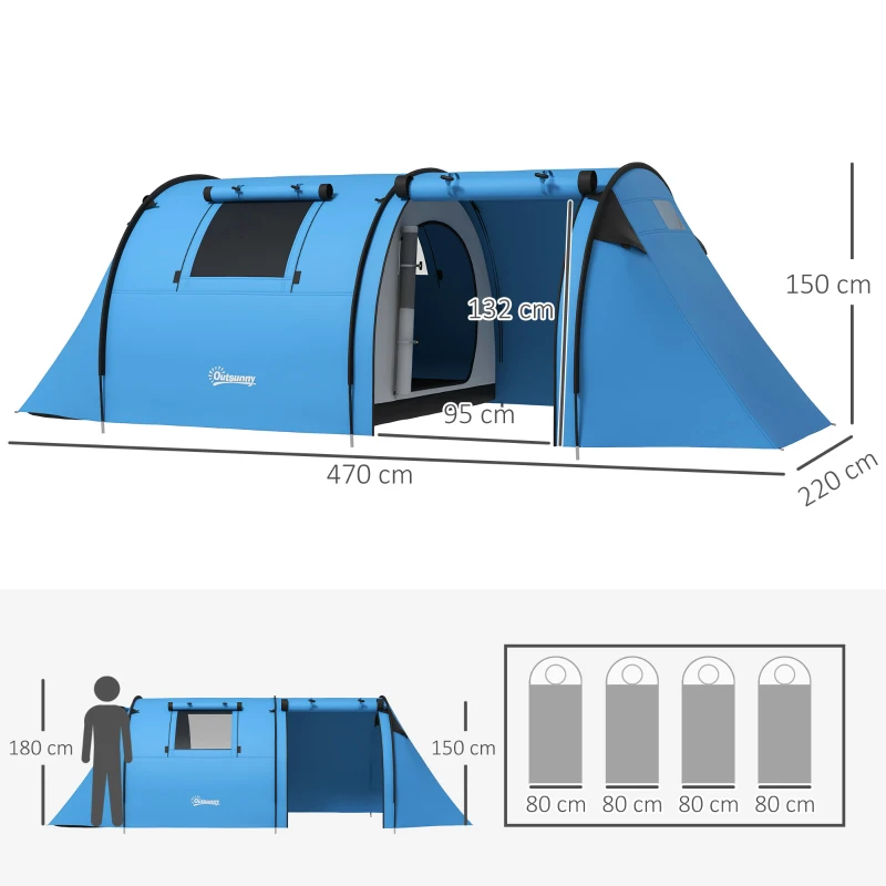 Outsunny Campingzelt für 3-4 Personen stabil wasserdicht Familienzelt mit Schlafzimmer Wohnzimmer 3000mm Wassersäule Himmelblau