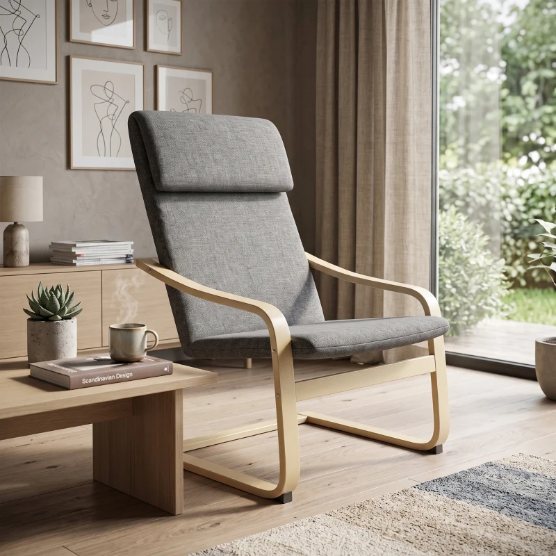 HOMCOM Fauteuil in linnenlook met hoofdsteun en armleuningen, houten frame, grijs+naturel