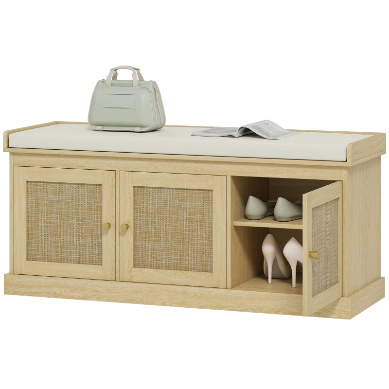 HOMCOM Banc chaussures entrée 9 paires, banc de rangement, 3 portes en rotin, coussin et étagère réglable, 105x35x47cm, chêne