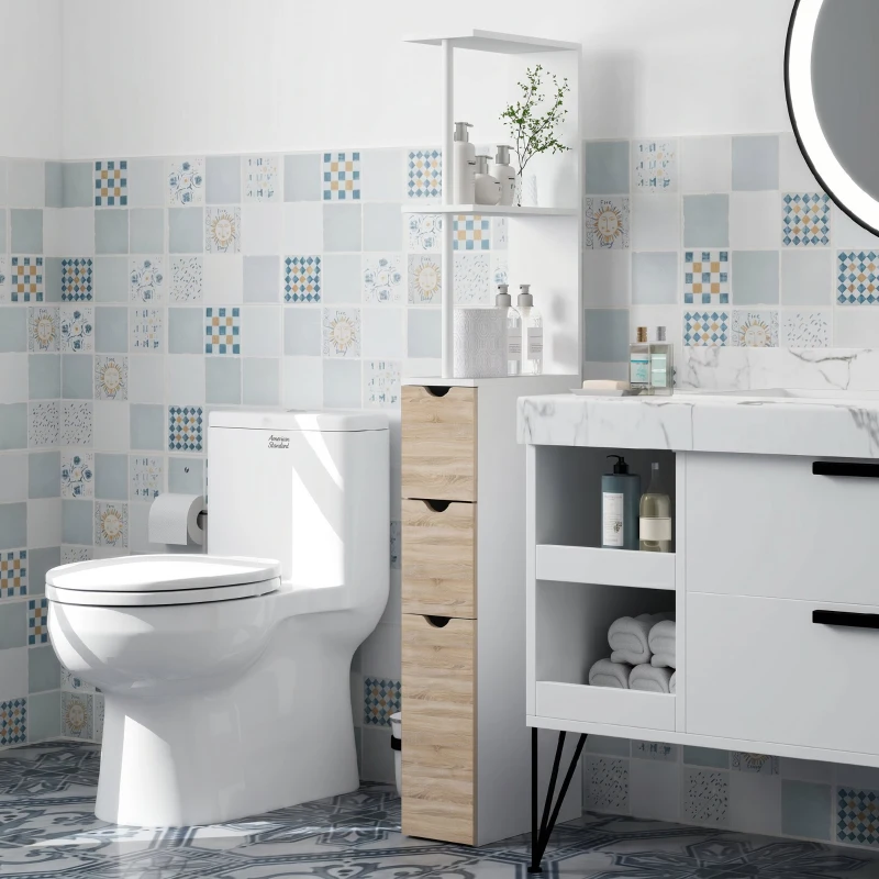 HOMCOM Columna de Baño Moderno Mueble Auxiliar de Baño con 2 Estantes 2 Cajones y 1 Puerta Antivuelco 15x33x136,8 cm Natural
