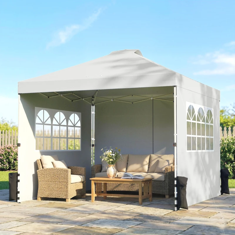 Outsunny Pop Up Gazebo Waterproof Height Adjustable Canopy with 3 Sidewalls Wheeled Bag for Parties 3 x 3 m White