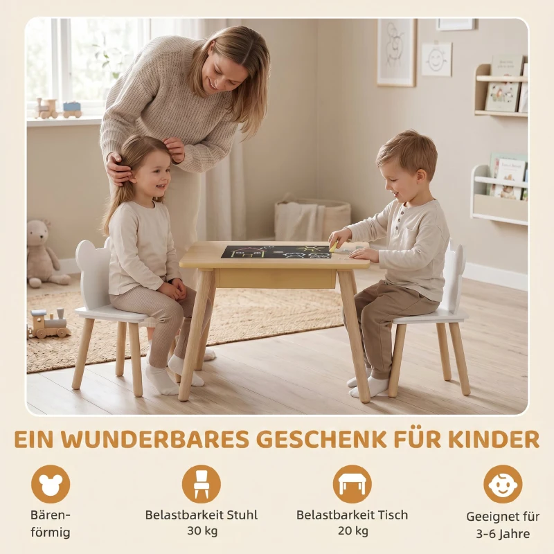 AIYAPLAY Kindertisch mit 2 Stühlen, Kindersitzgruppe mit Stauraum bärförmiger Rückenlehne für 3-6 Jahre Kinder, Naturholz
