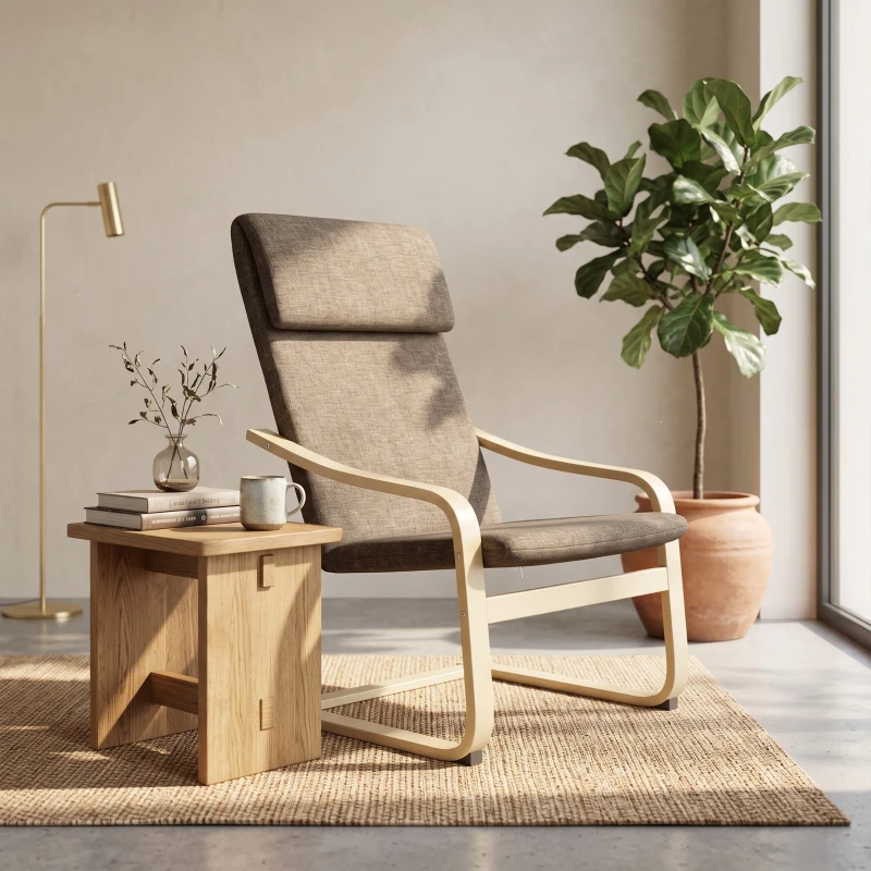 HOMCOM Fauteuil in linnenlook met hoofdsteun en armleuningen, houten frame, bruin+ naturel