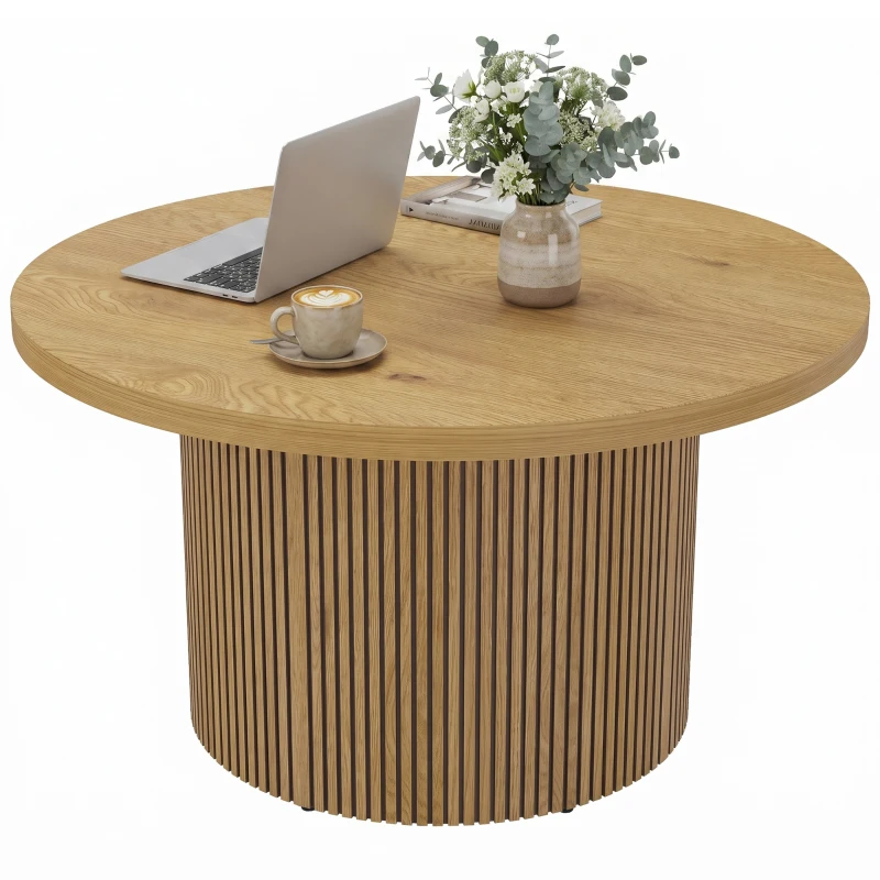 HOMCOM Table basse ronde en bois, table de salon avec piètement cannelé, style moderne, effet bois naturel