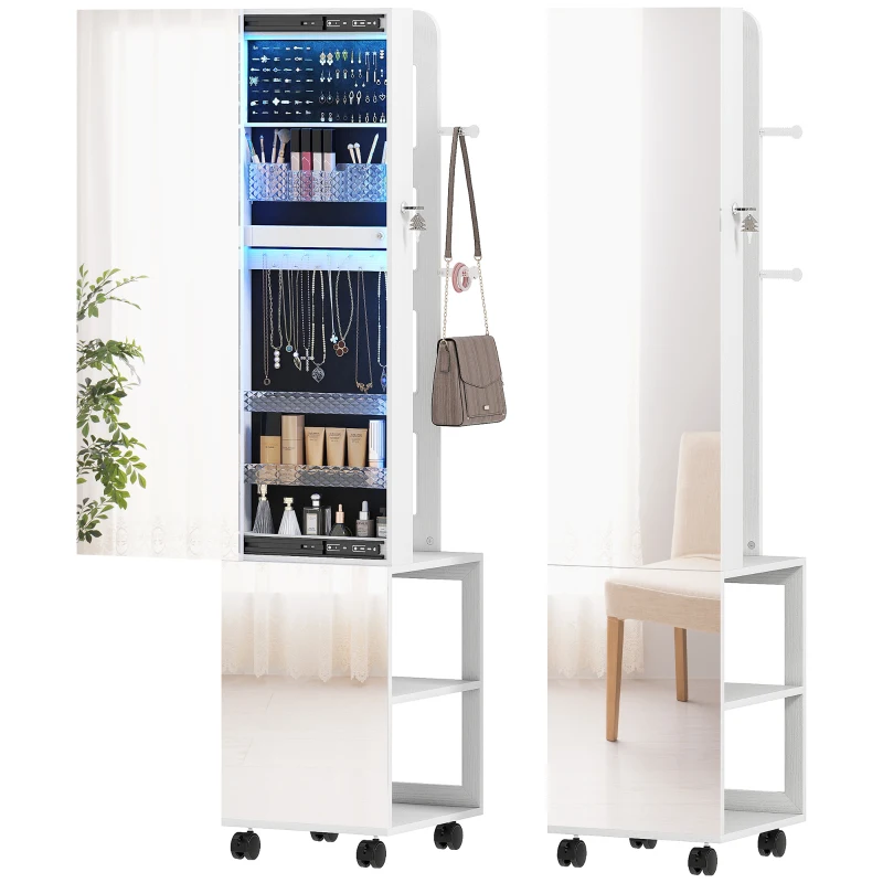 HOMCOM Armoire à bijoux armoire avec miroir sur pied pivotante à 360° éclairage LED 37x40x165,5cm cadre blanc, doublure noire