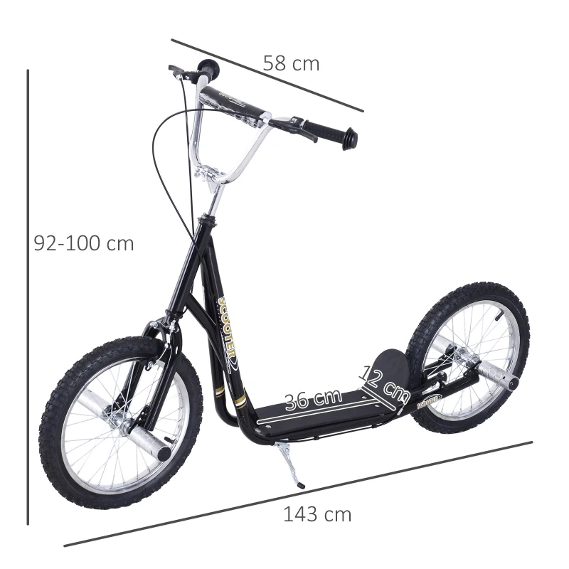 HOMCOM Trottinette patinette Grandes Roues pneumatiques Ø 41 cm Hauteur Guidon réglable béquille pegs Inclus Acier Noir