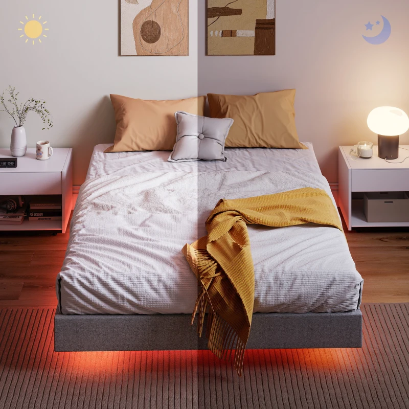 HOMCOM Somier 140x190 cm con Luces LED Estructura de Cama Tapizado en Lino Láminas de Madera Fácil de Montar Gris