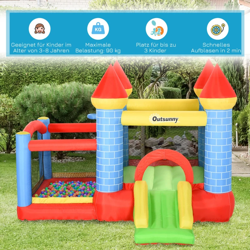 Outsunny opblaasbaar springkasteel met glijbaan voor 3 kinderen springkasteel met blazer speelkasteel, rood, blauw, groen 280 x 260 x 210 cm
