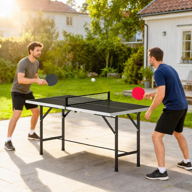 SPORTNOW Mini Mesa de Ping Pong Dobrável 152x76 cm para Exterior com Rede 2 Raquetes e 3 Bolas Fácil de Transportar Preto