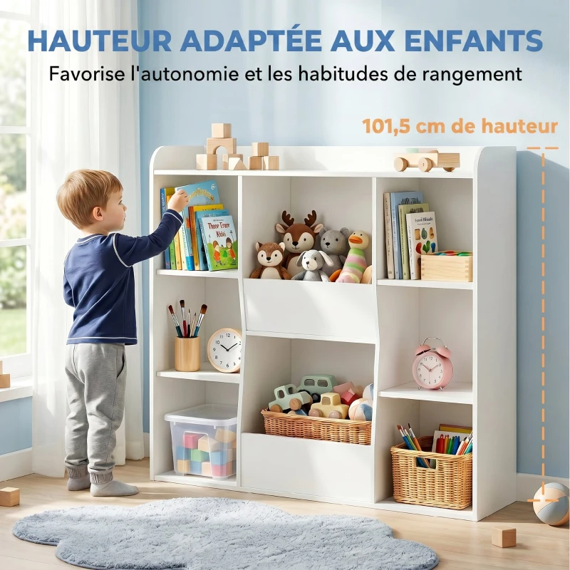 AIYAPLAY Meuble rangement enfant, bibliothèque enfants avec 8 compartiments et étagère supérieure, 104 x 29 x 101,5 cm, blanc