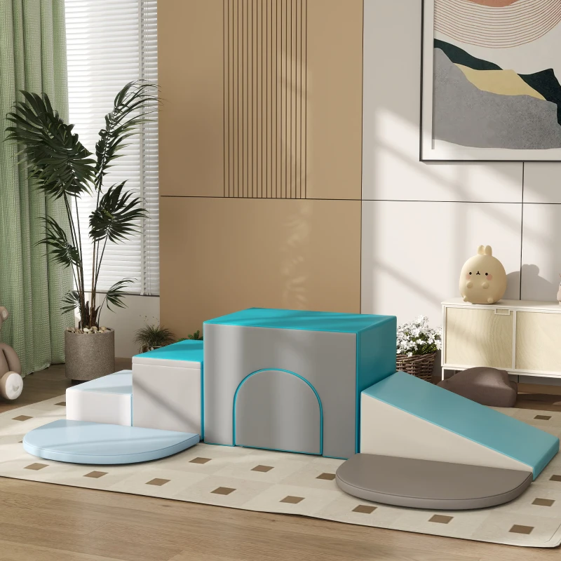 HOMCOM Set da Gioco per Bambini 12-36 Mesi da 7 Blocchi Multicolore in PU e EPE, 170x130x40 cm, Blu e Grigio