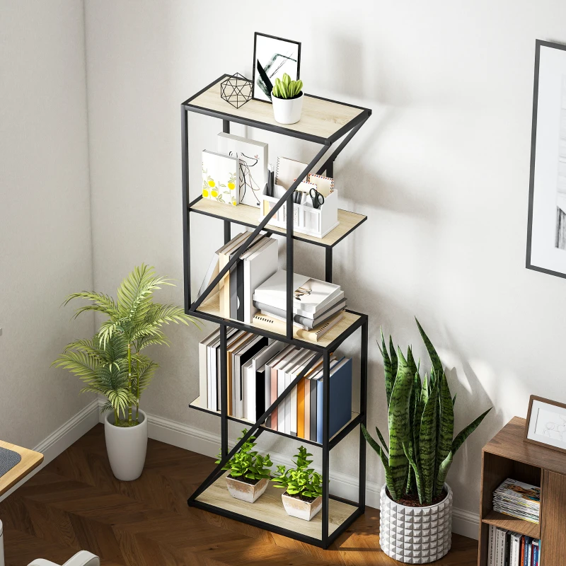 HOMCOM Librería de 5 Niveles Estantería para Libros Industrial con Estantes Abiertos y Marco de Acero 60x30x165 cm Roble