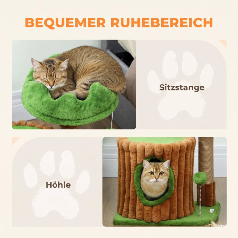 PawHut Kratzbaum 53 cm hoch Katzenbaum mit Höhle, Baumstamm-Design, Jutestämme, 2 Bälle  für 1-2 Katzen unter 5 kg, Braun+Grün